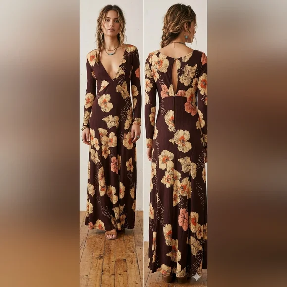 Free People Floral Long Sleeve Maxi Dress - Purple/Burgandy/Orange Sz Large NWT - Picture 1 of 9